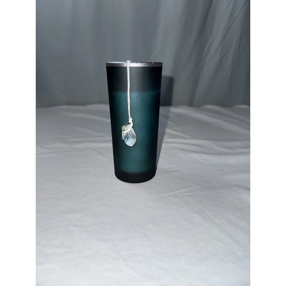 Pier 1 Cozy Winter Morning Pillar Candle Blue Glass Gem Holiday AB1907 6oz